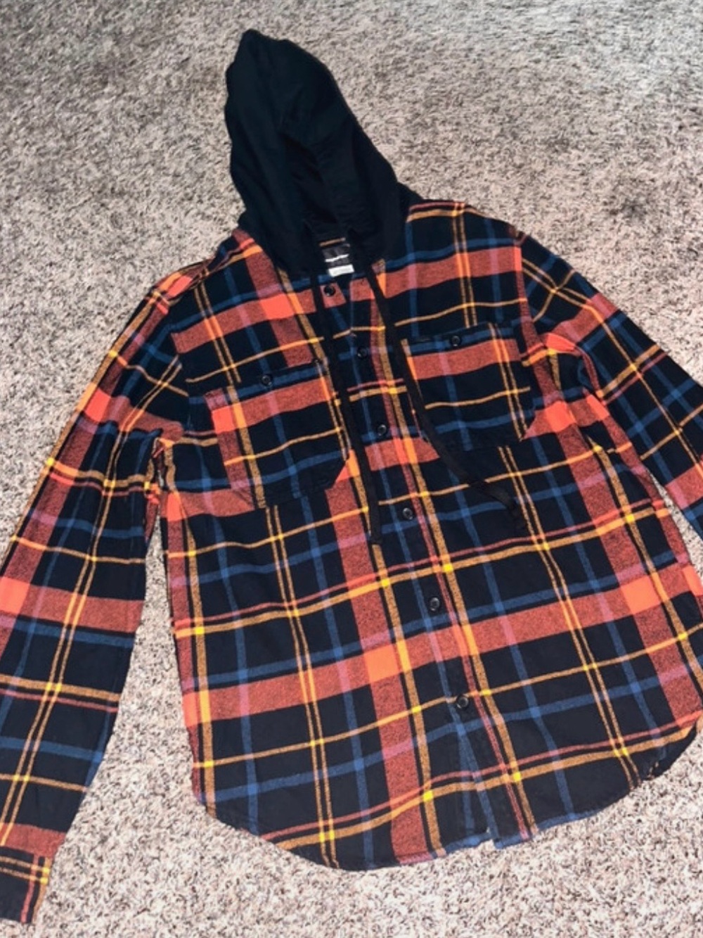 Men’s Hooded Plaid Flannel Jacket - Black & Orange